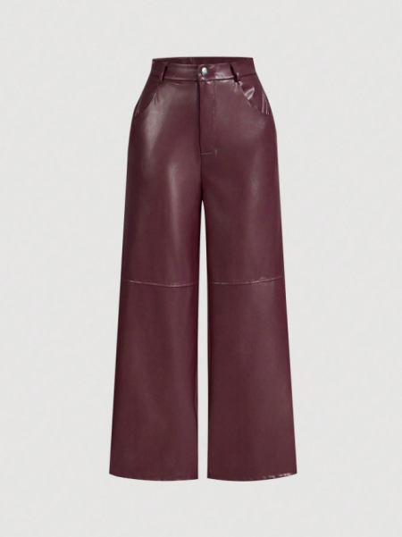 بنطلون جلد صناعي أرجواني أنيق بساق مستقيمة لليلة المواعدة